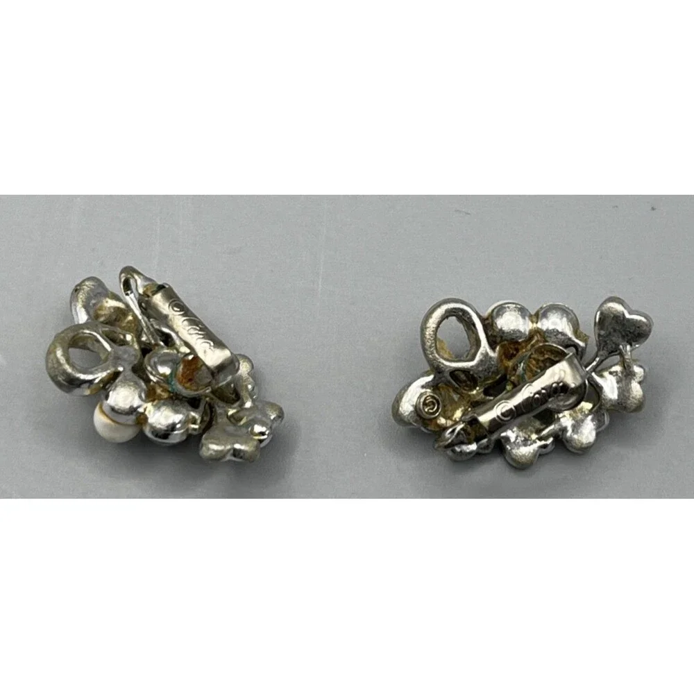 Vtg Coro Clip-On Earrings Silver Tone Hearts Rhinestone Faux Pearl Iridescent